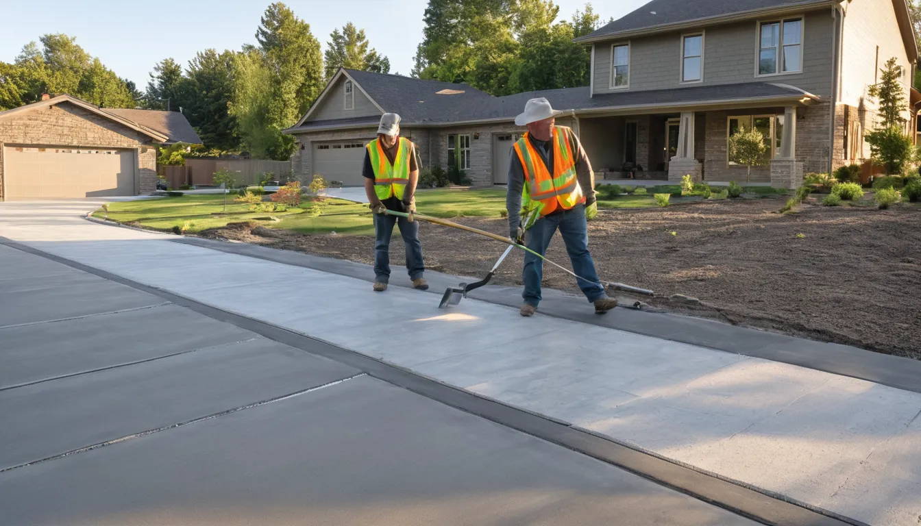 A new broom-finished concrete driveway leading to a ranch home near DeSoto